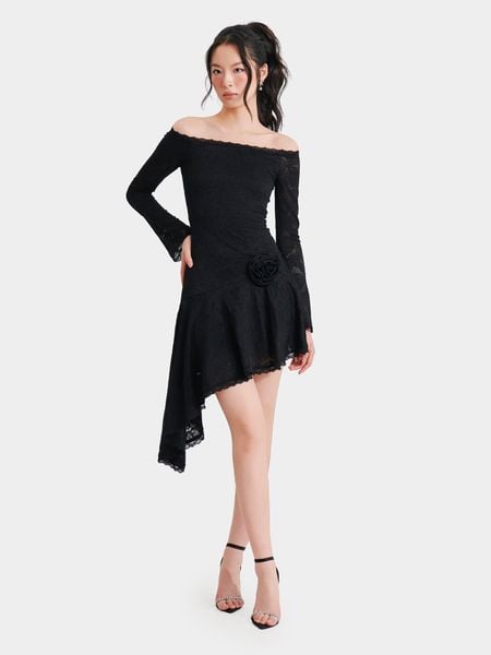  Đầm ren bẹt mini vai tay dài vạt xéo đính hoa 