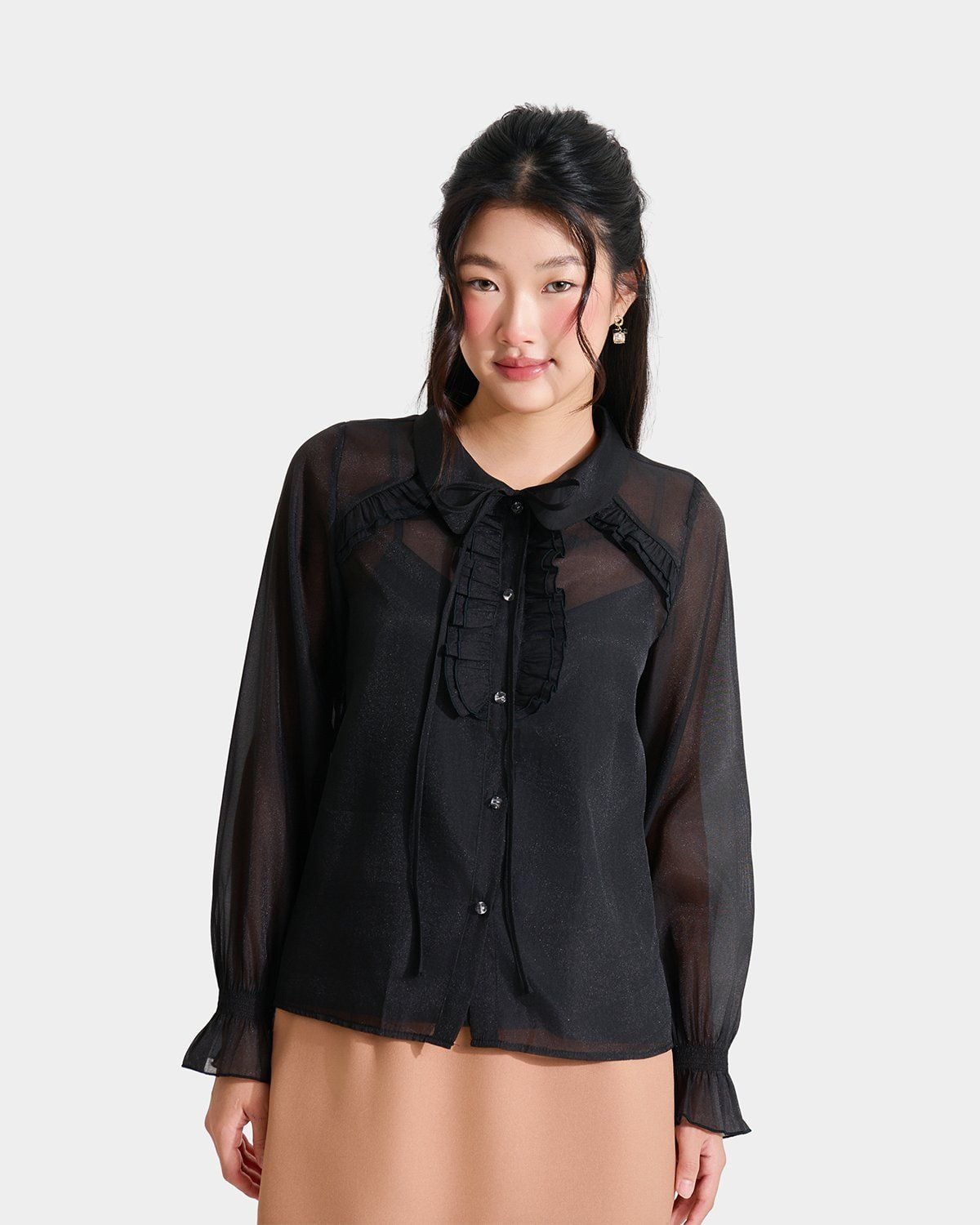  Áo sơ mi sheer tay dài phối bèo 