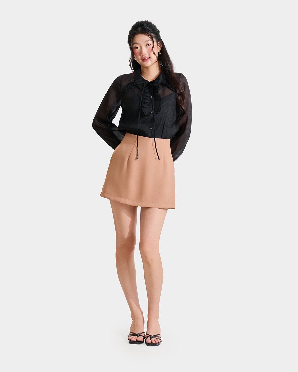  Áo sơ mi sheer tay dài phối bèo 