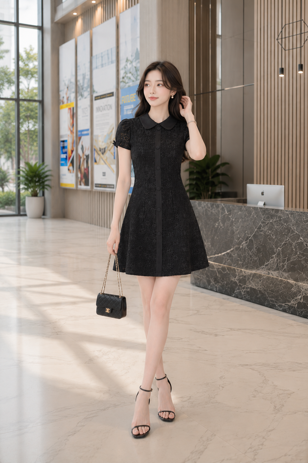  Đầm mini ren hoa cổ lá sen 