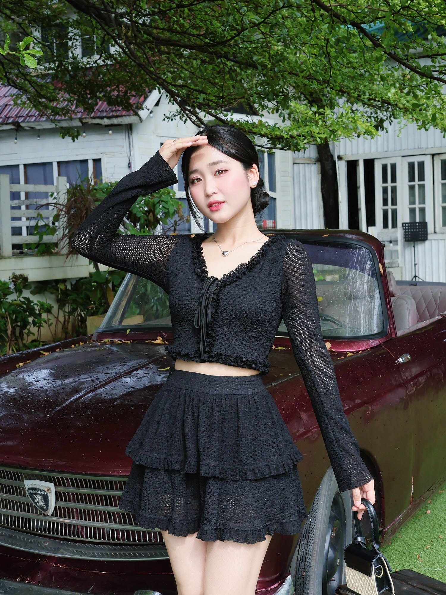  Áo khoác ren thun phối bèo đính nơ 