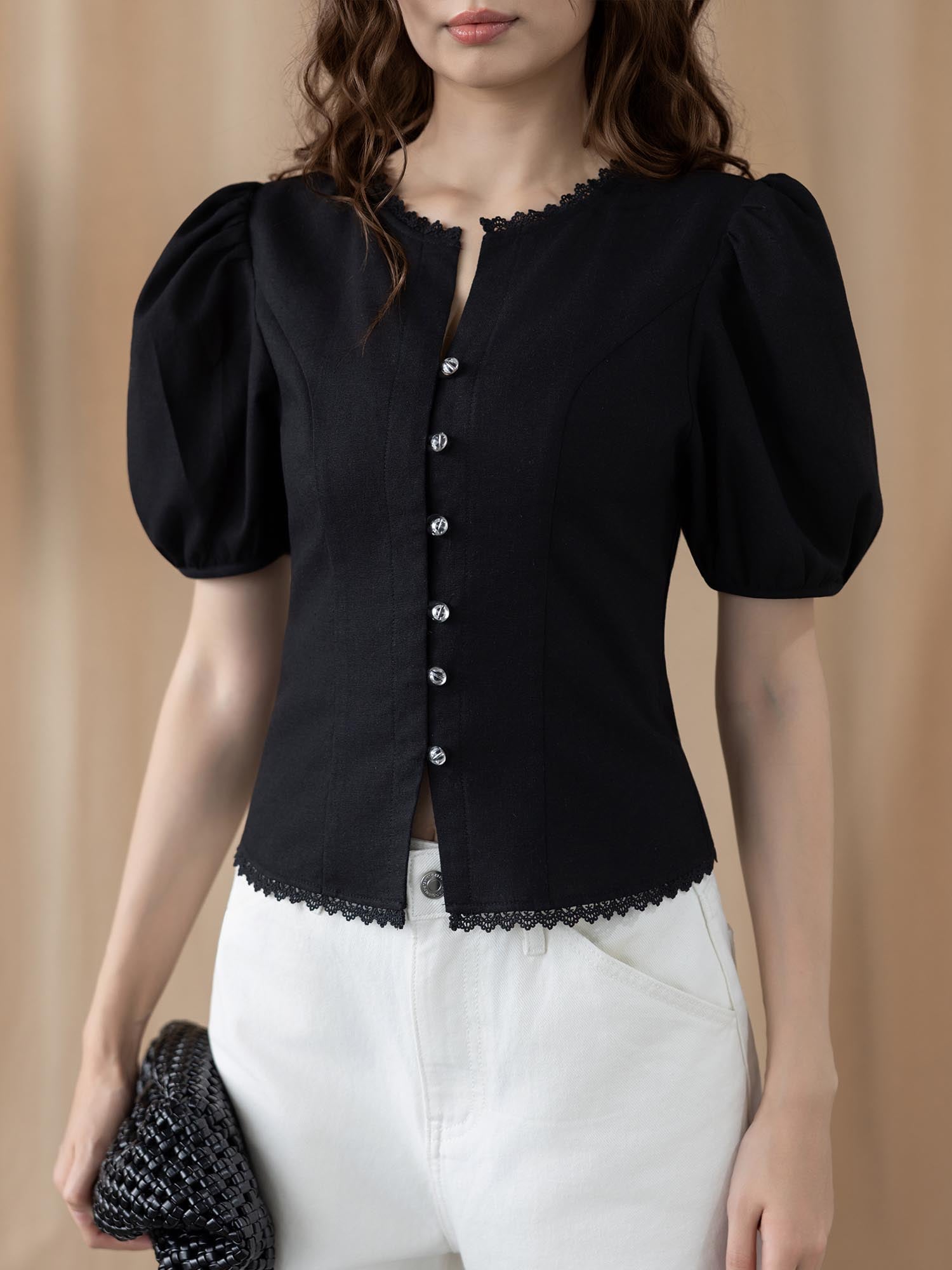 Áo decoup tay phồng cổ tròn viền ren