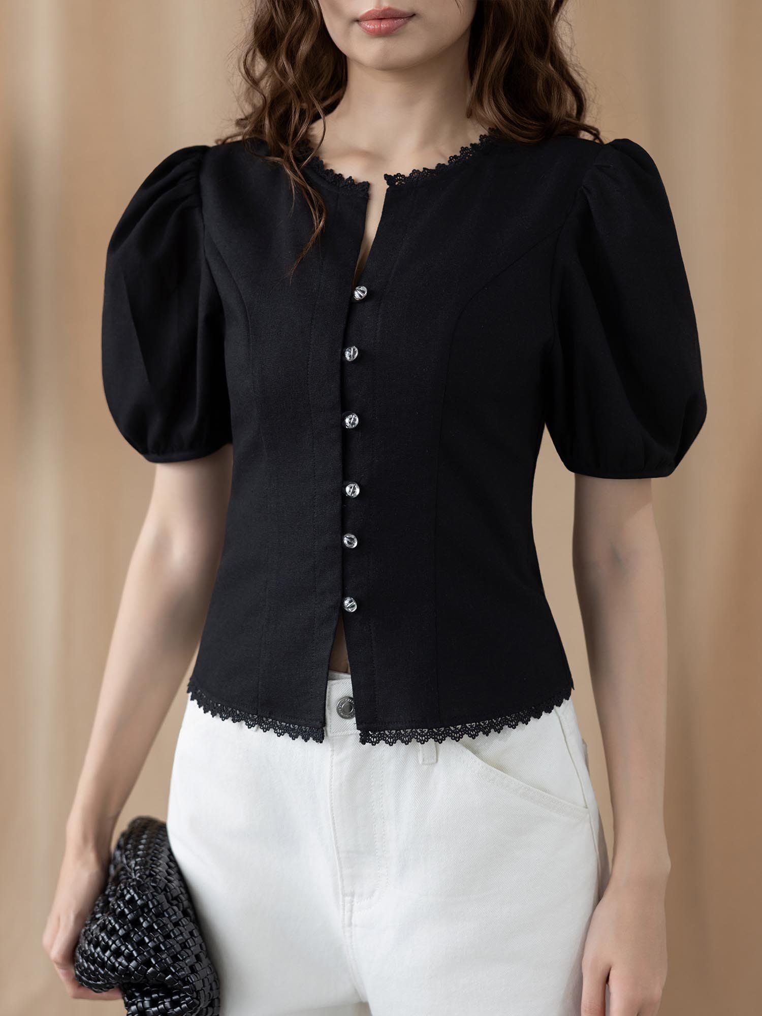  Áo decoup tay phồng cổ tròn viền ren 