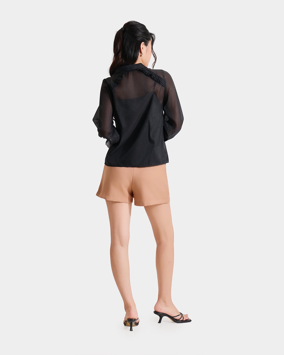 Áo sơ mi sheer tay dài phối bèo