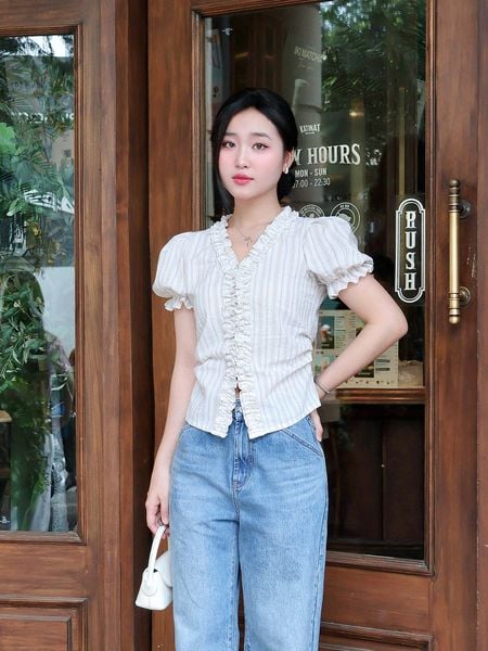  Áo sọc tay phồng phối bèo viền cổ 