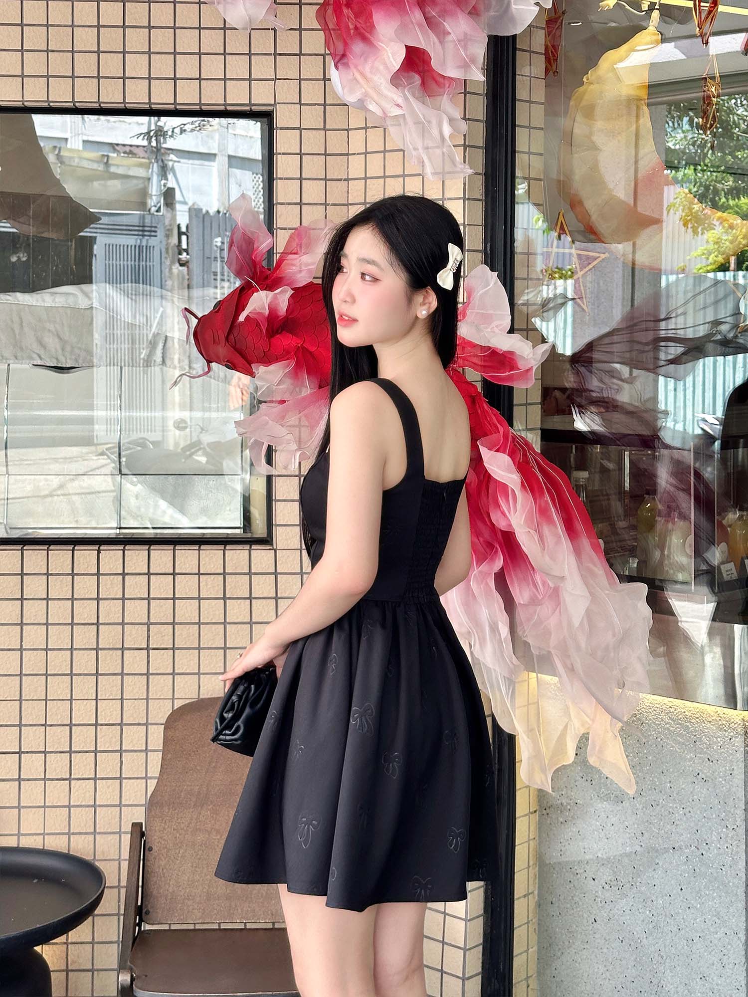 Đầm ngắn basic họa tiết nơ