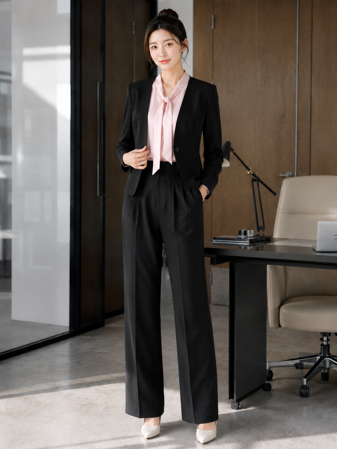 Áo blazer tay dài không cổ vạt cong