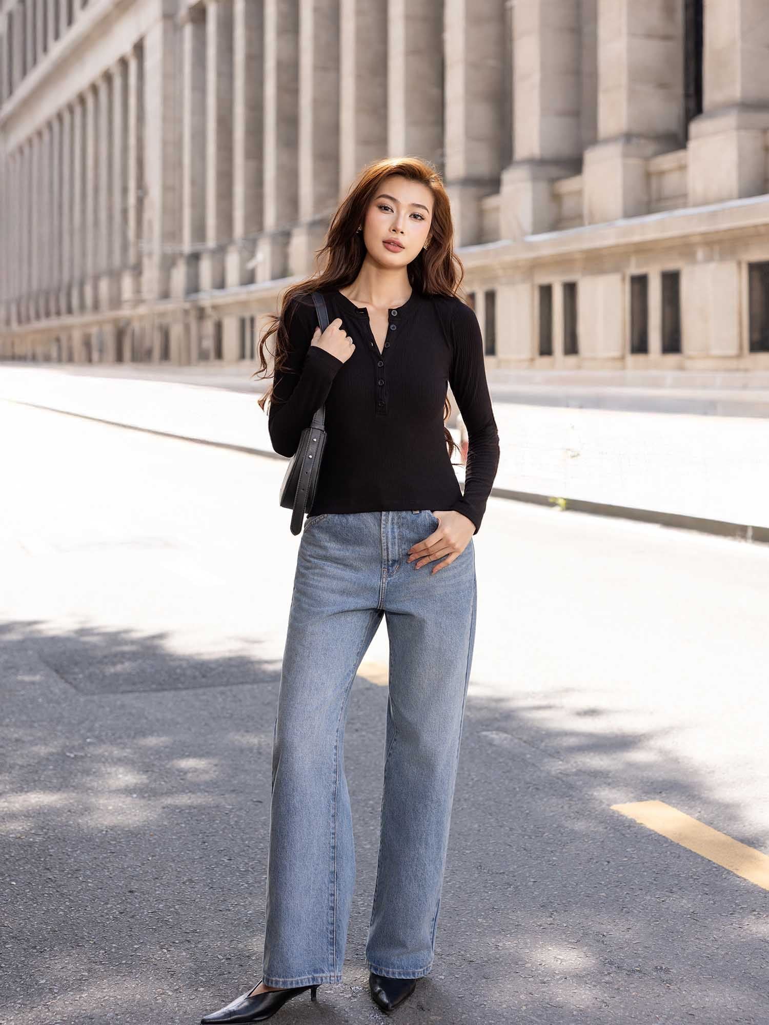  Áo thun tay dài cổ tròn gài nút 