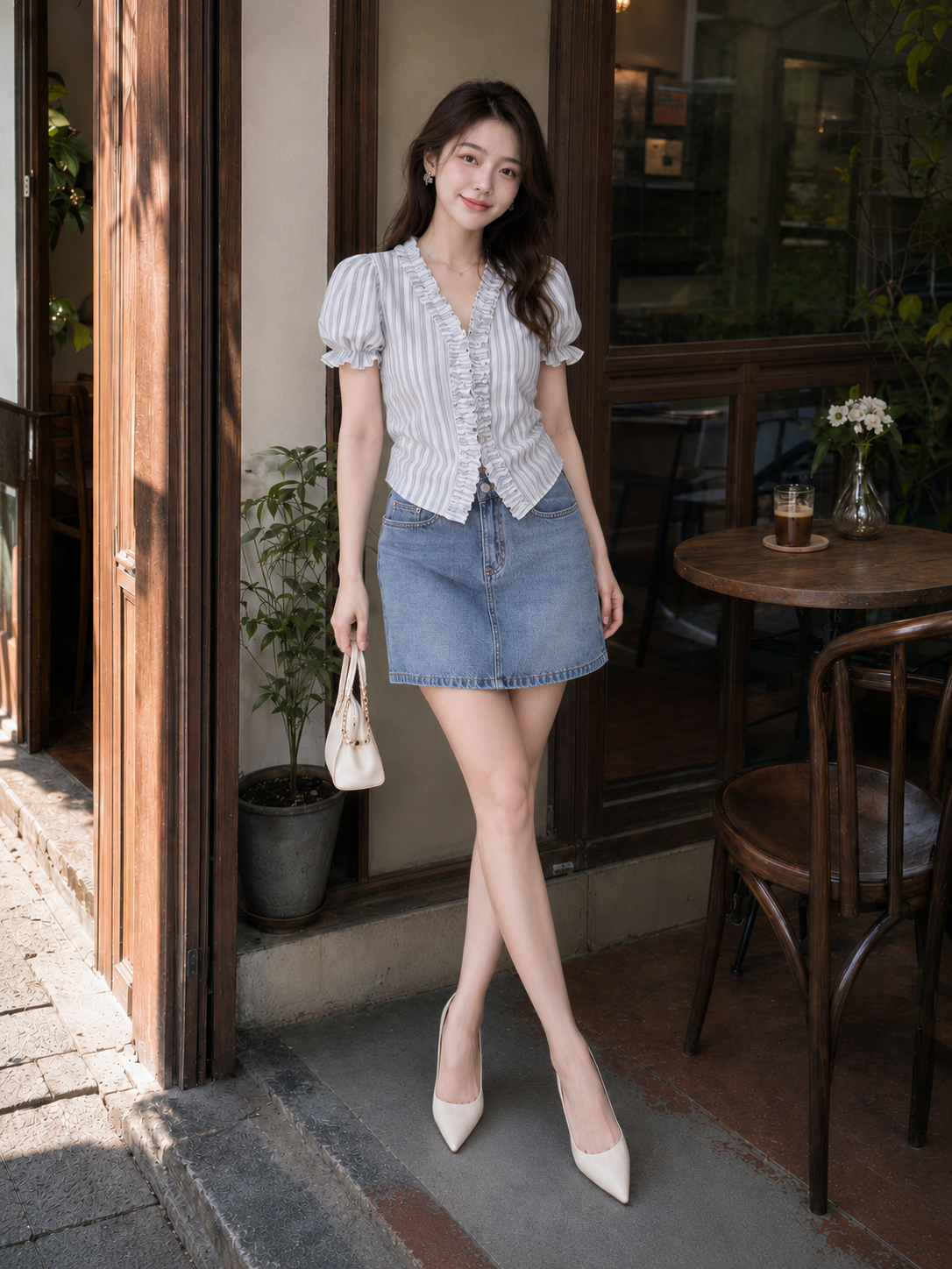 Áo sọc tay phồng phối bèo viền cổ