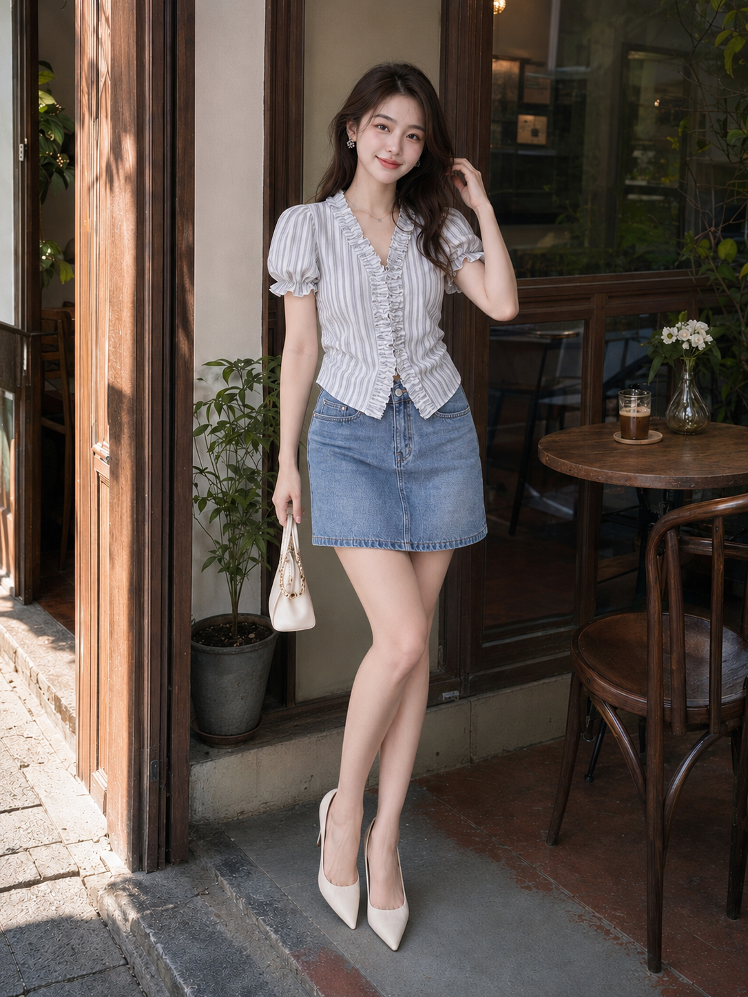 Áo sọc tay phồng phối bèo viền cổ
