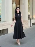  Đầm midi sát nách khoét cổ phối nơ 
