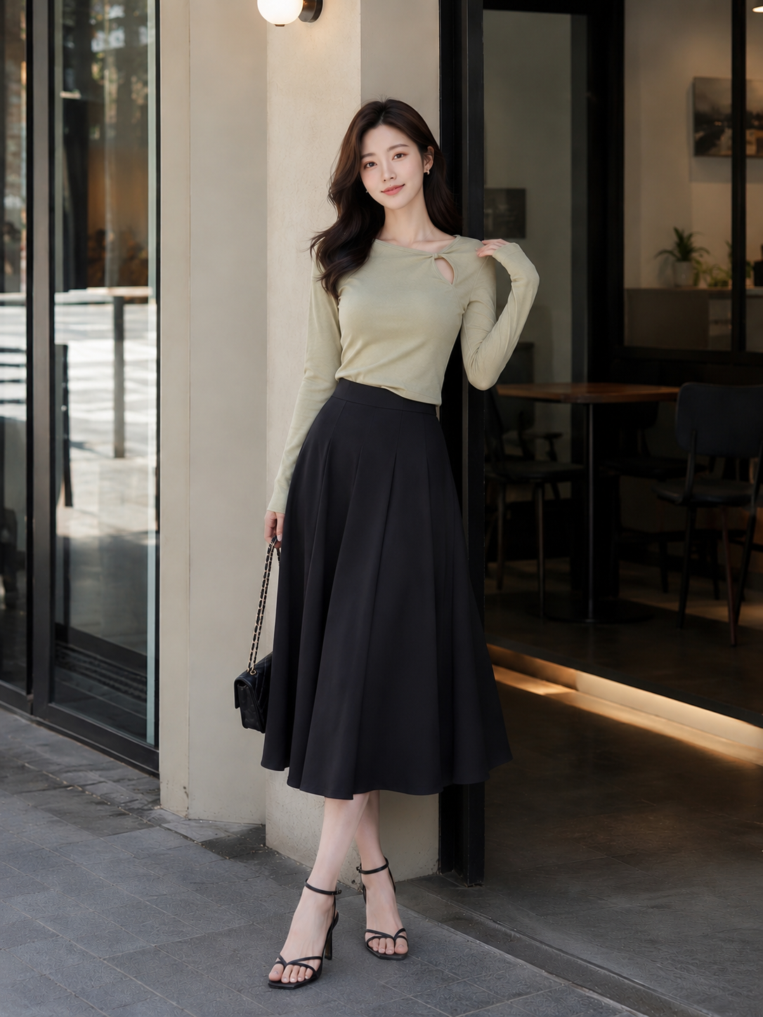  Váy midi xếp ly xòe 