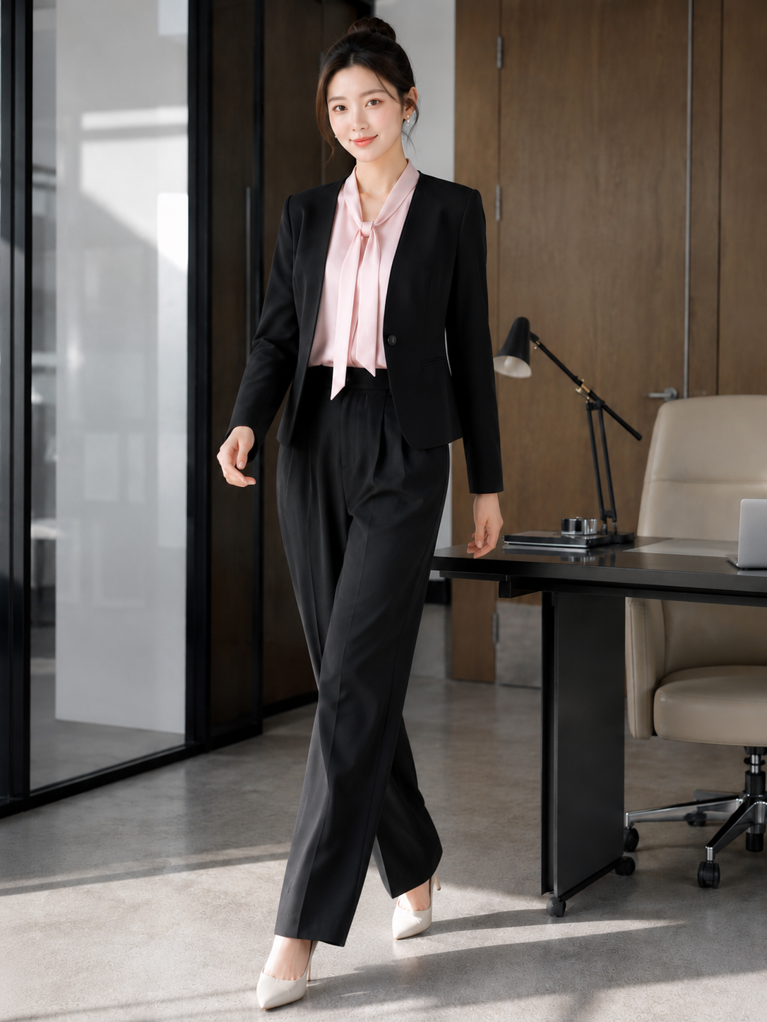  Áo blazer tay dài không cổ vạt cong 