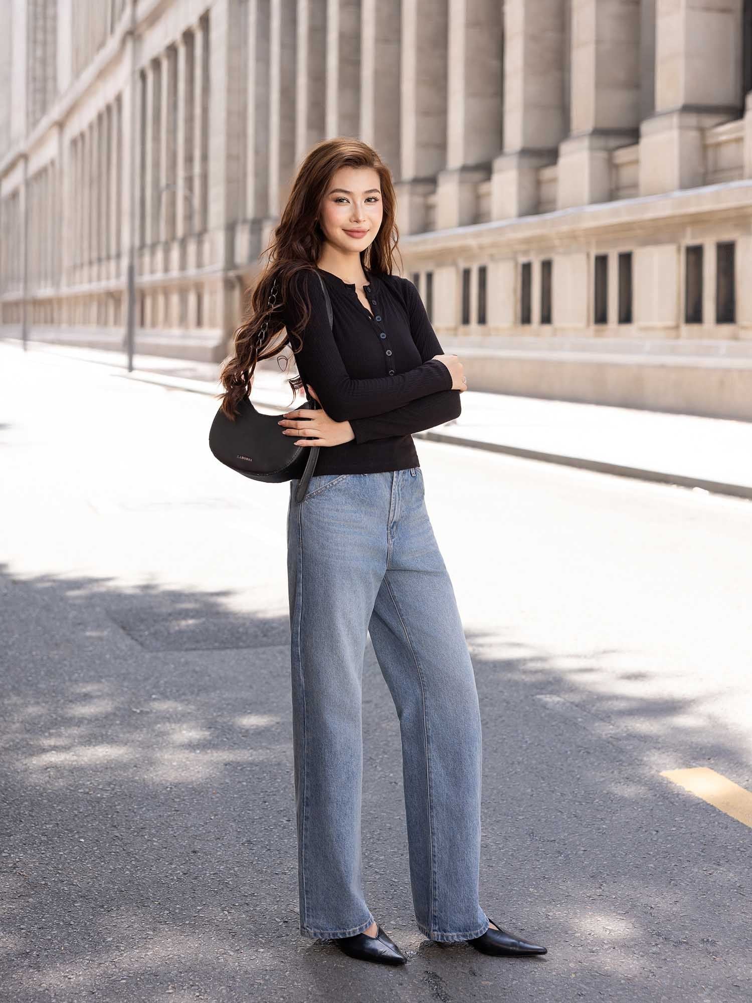  Áo thun tay dài cổ tròn gài nút 