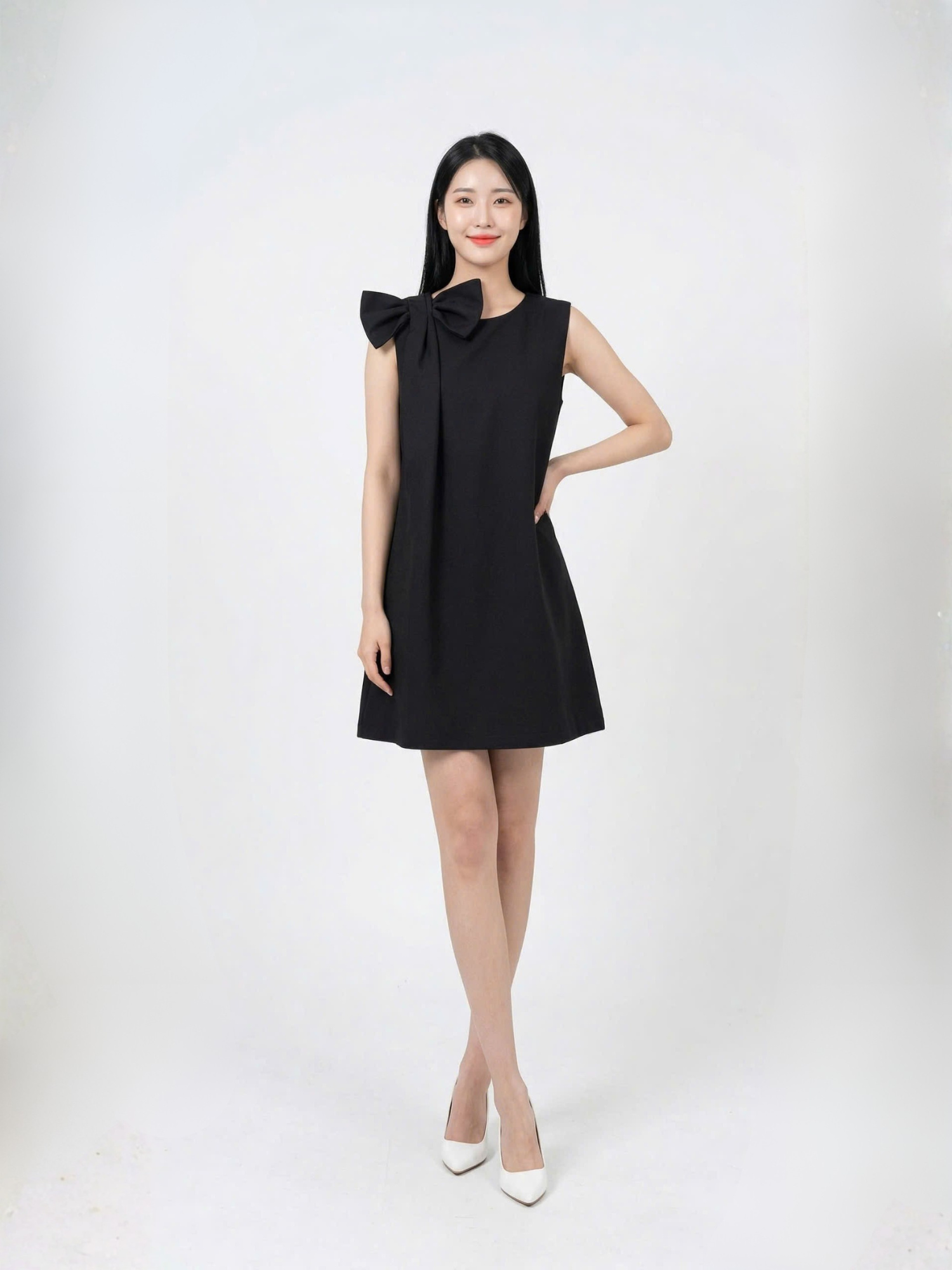  Đầm mini phom suông phối nơ vai cách điệu 