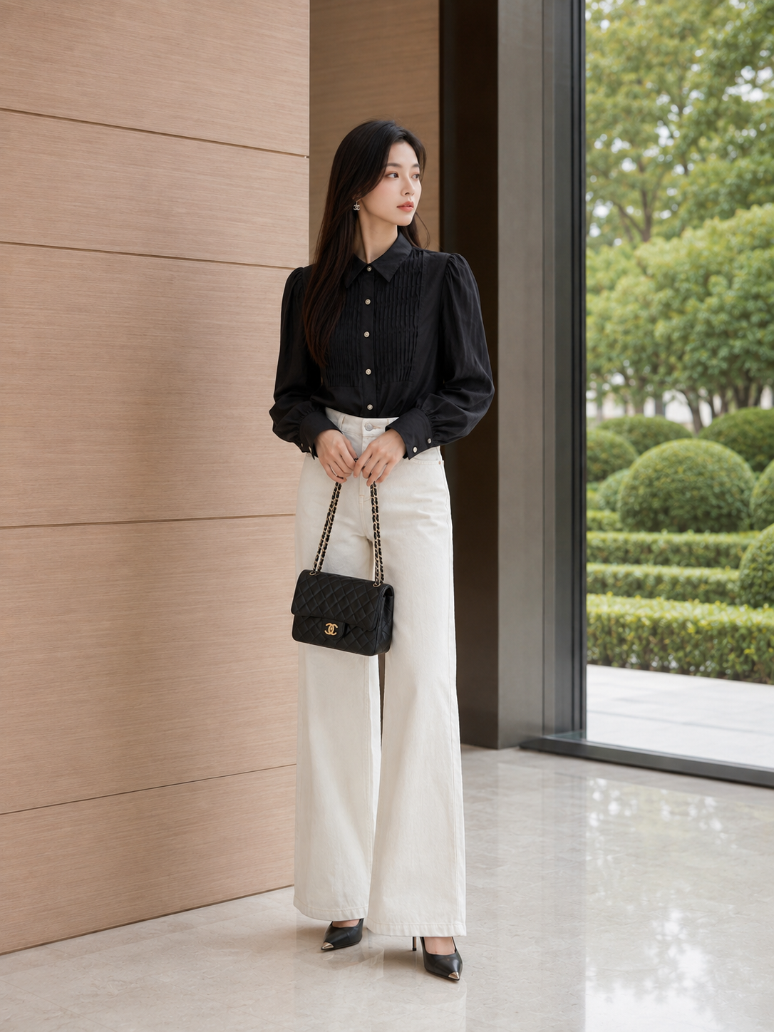 Áo sơ mi tơ kiểu linen phối ly ngực