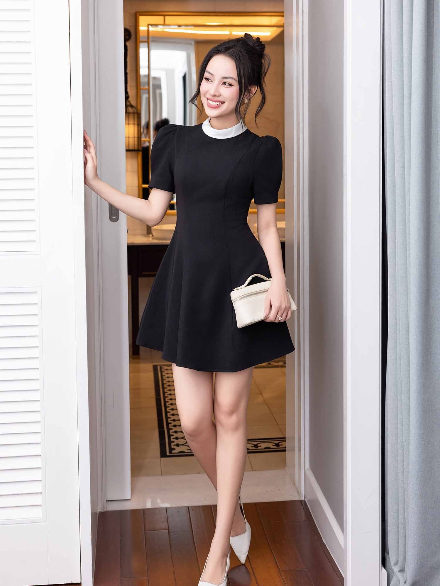  Đầm mini phối cổ lụa tương phản 