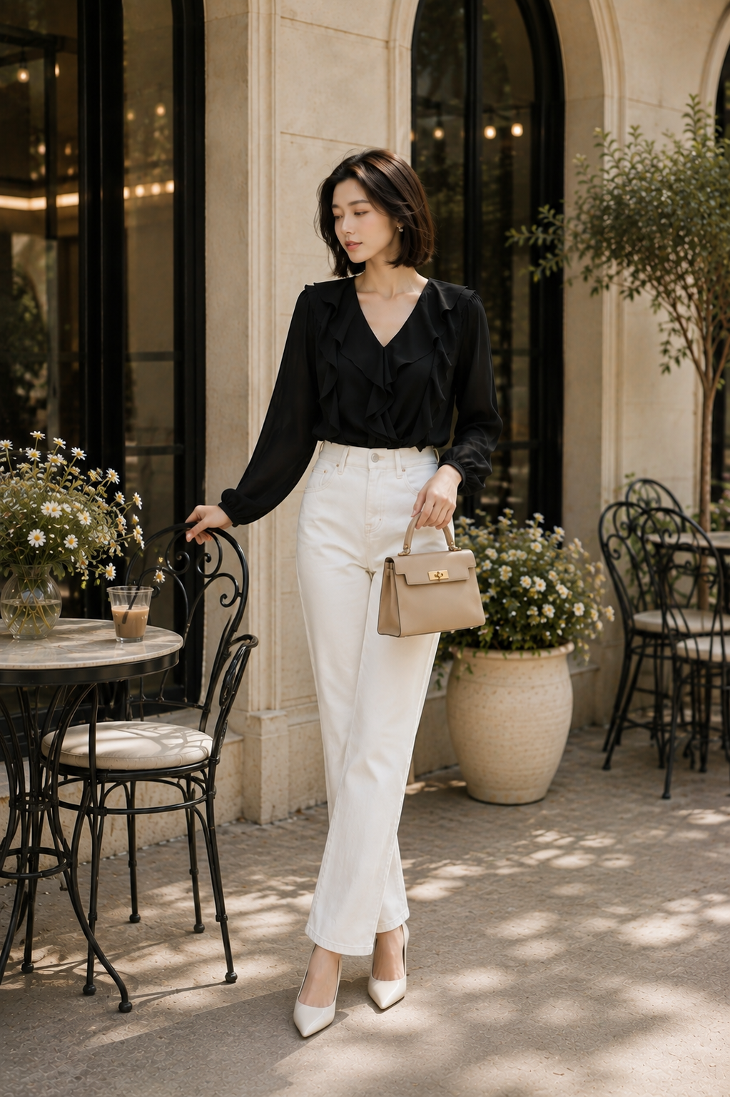 Áo tay dài cổ V phối bèo