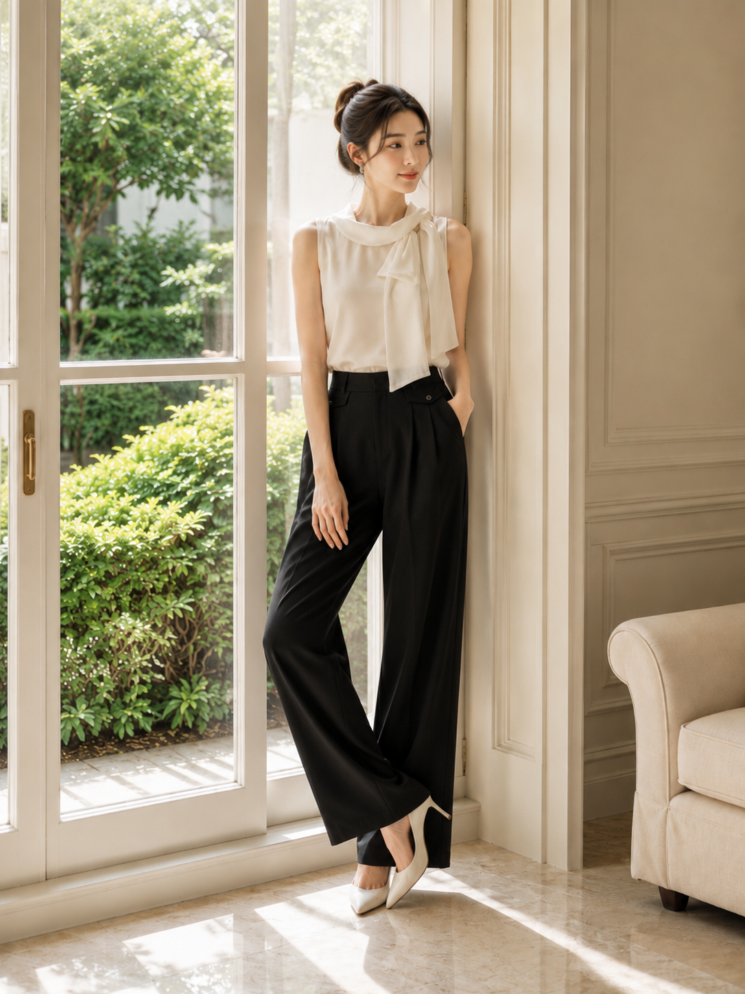 Quần tây dài ống rộng xếp li phối nắp túi giả