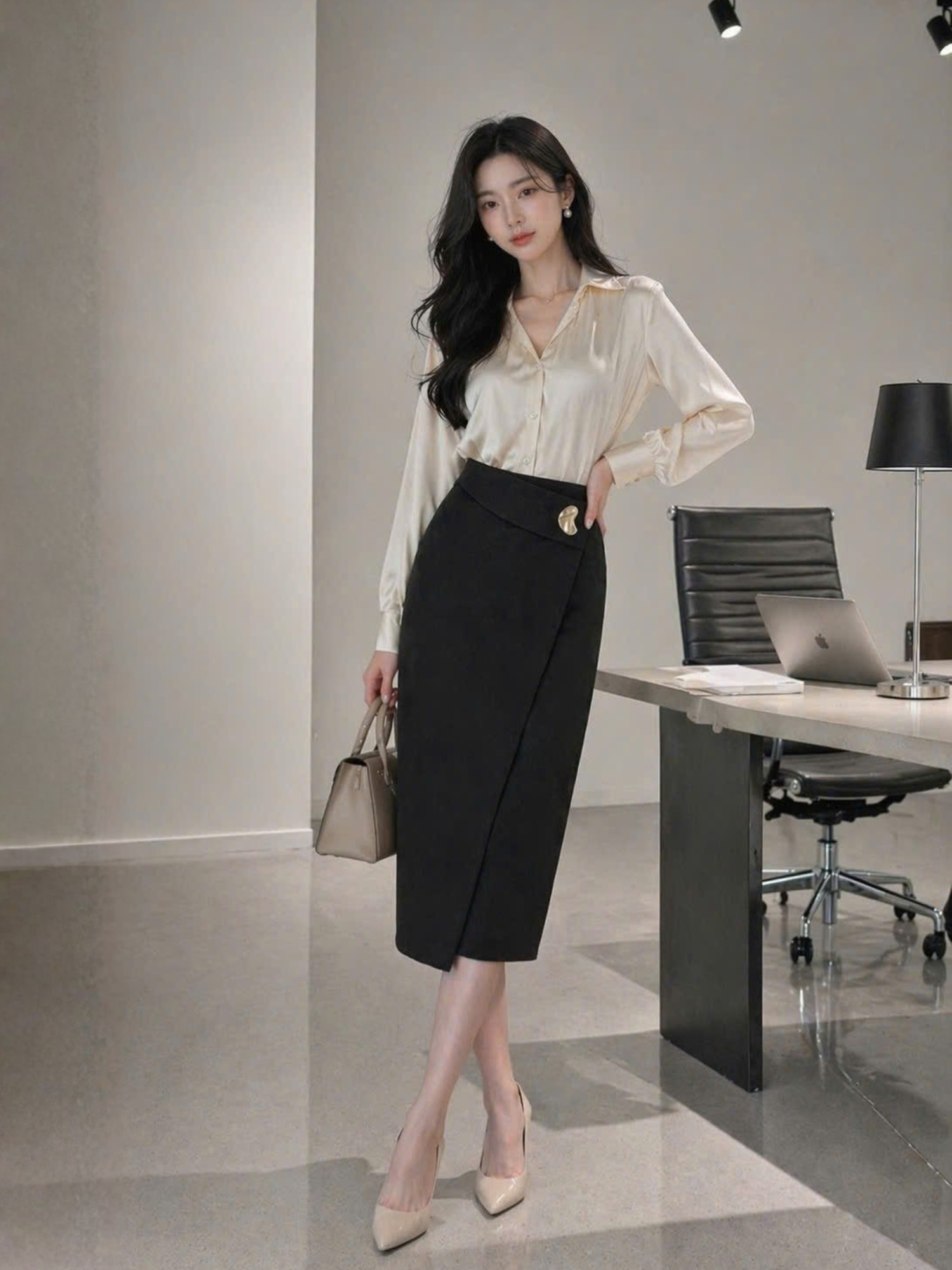  Chân váy midi đắp chéo phối cúc kim loại 
