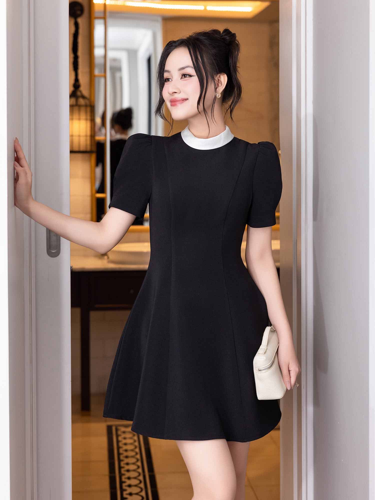 Đầm mini phối cổ lụa tương phản