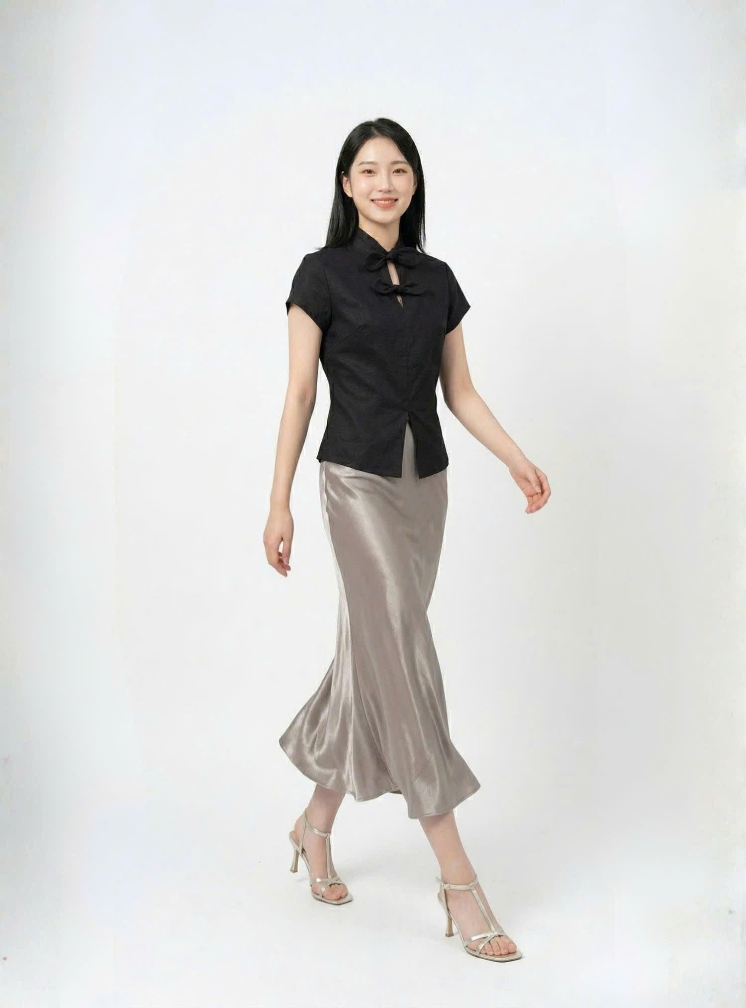 Áo linen chiết eo phối nơ cổ