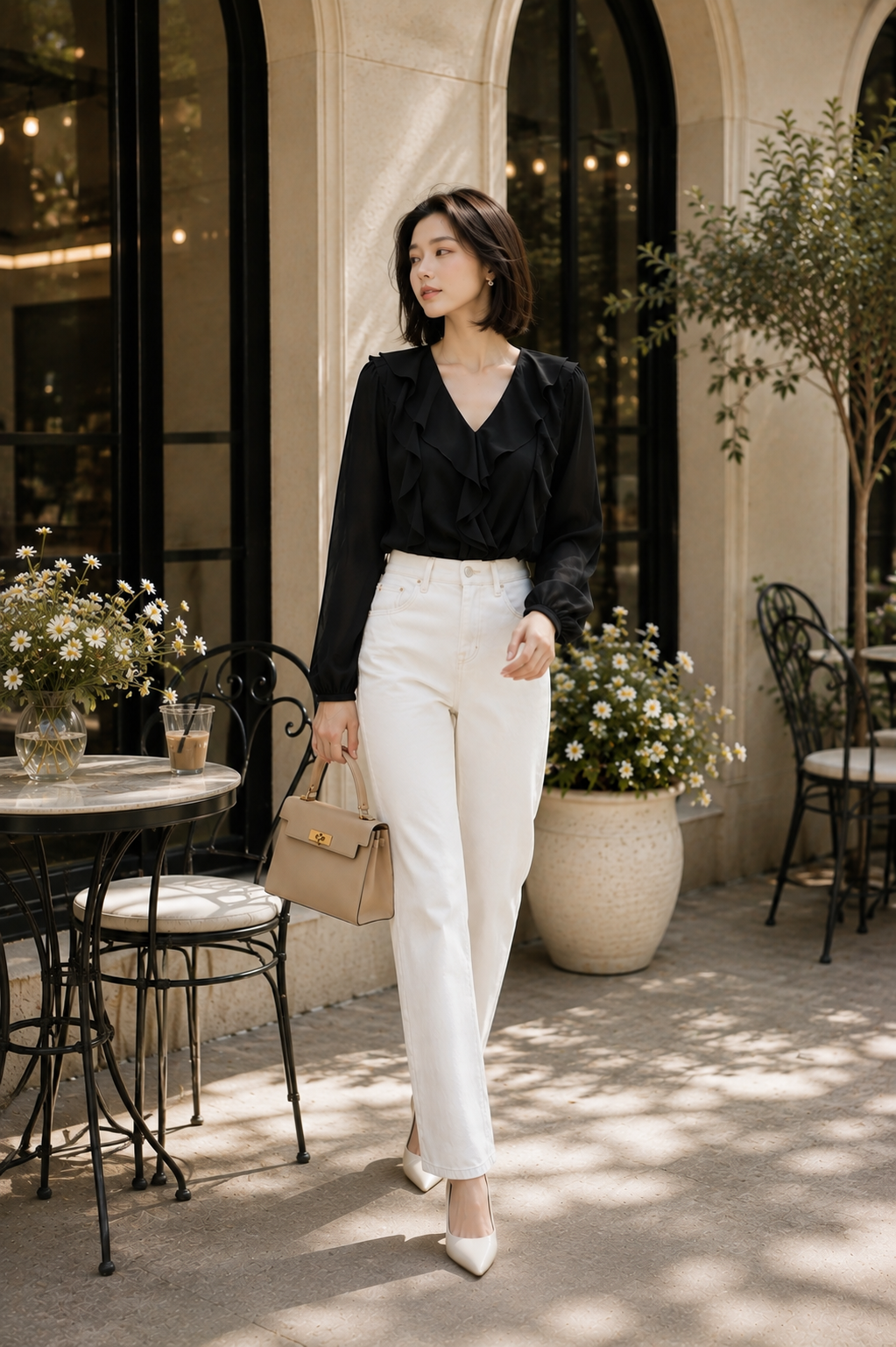 Áo tay dài cổ V phối bèo