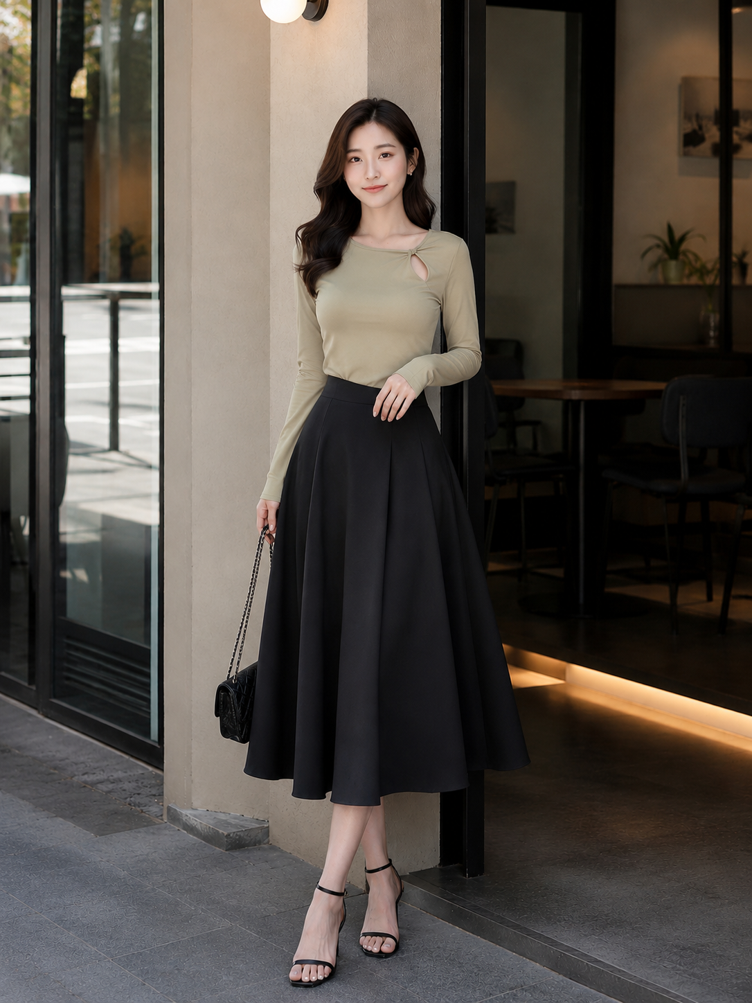  Váy midi xếp ly xòe 