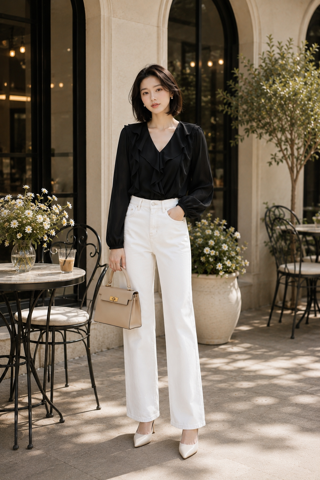 Áo tay dài cổ V phối bèo