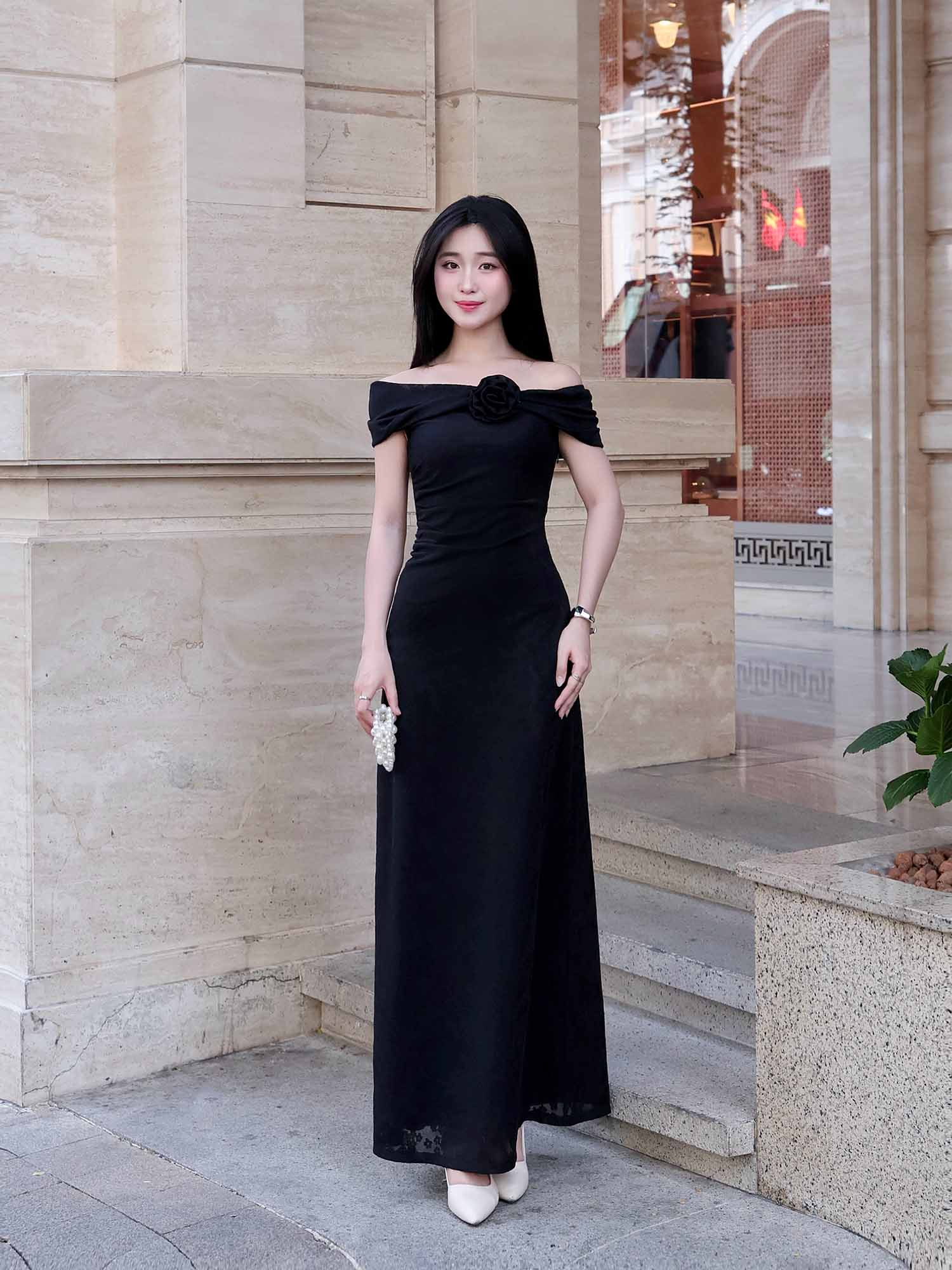 Đầm maxi thun hoa nổi nhún eo