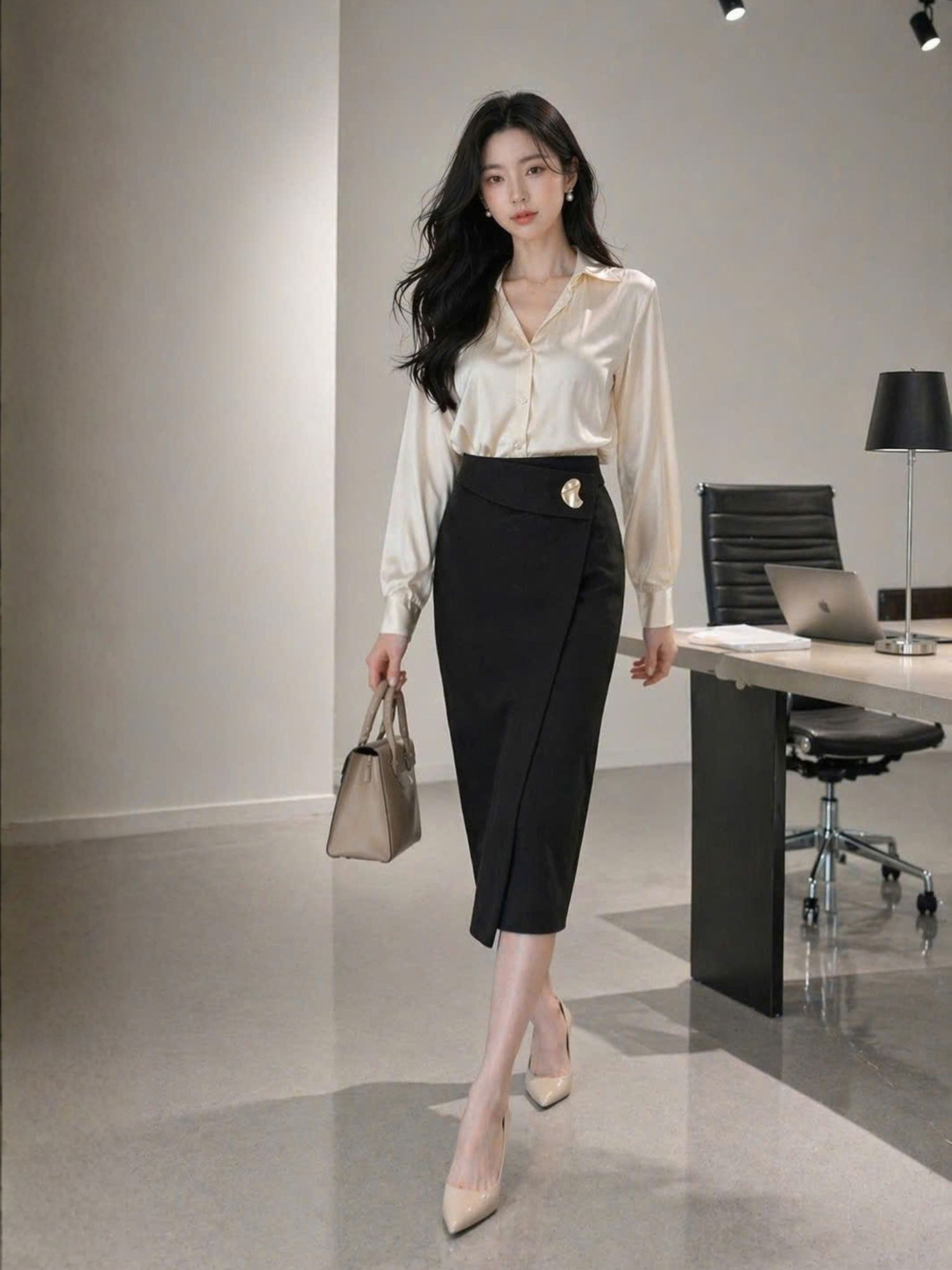 Chân váy midi đắp chéo phối cúc kim loại