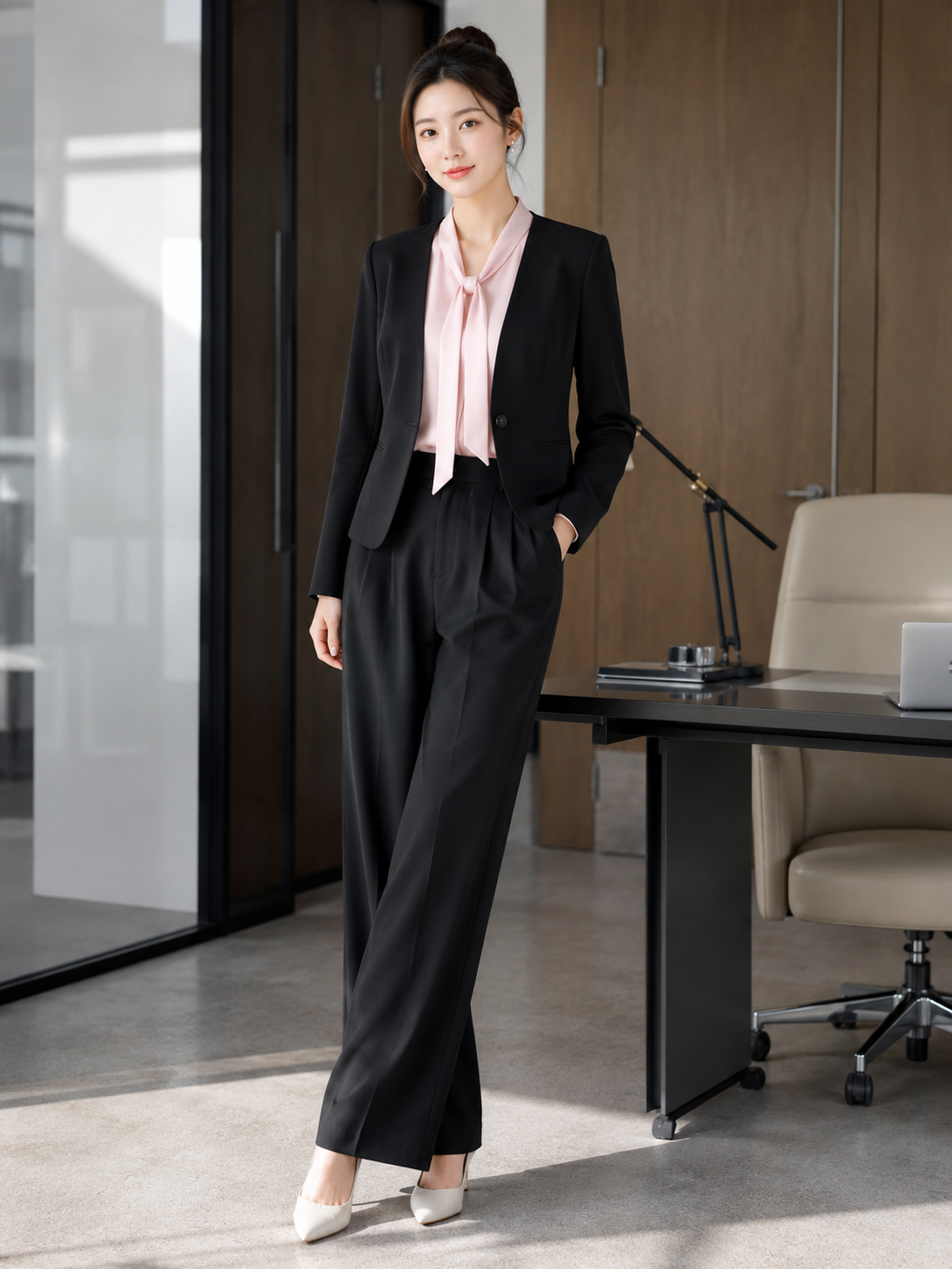 Áo blazer tay dài không cổ vạt cong