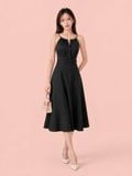  Đầm midi cổ yếm xếp ly eo 