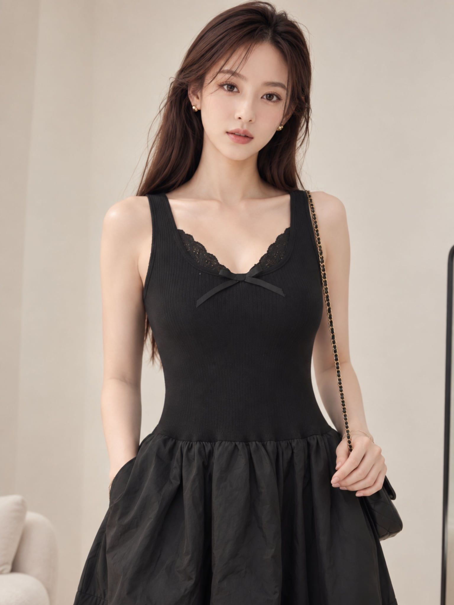  Đầm midi không tay thun gân phối vải nylon 