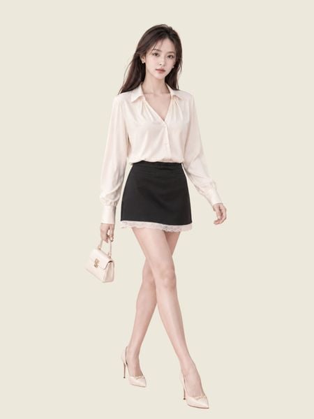  Chân váy A mini lai phối ren 
