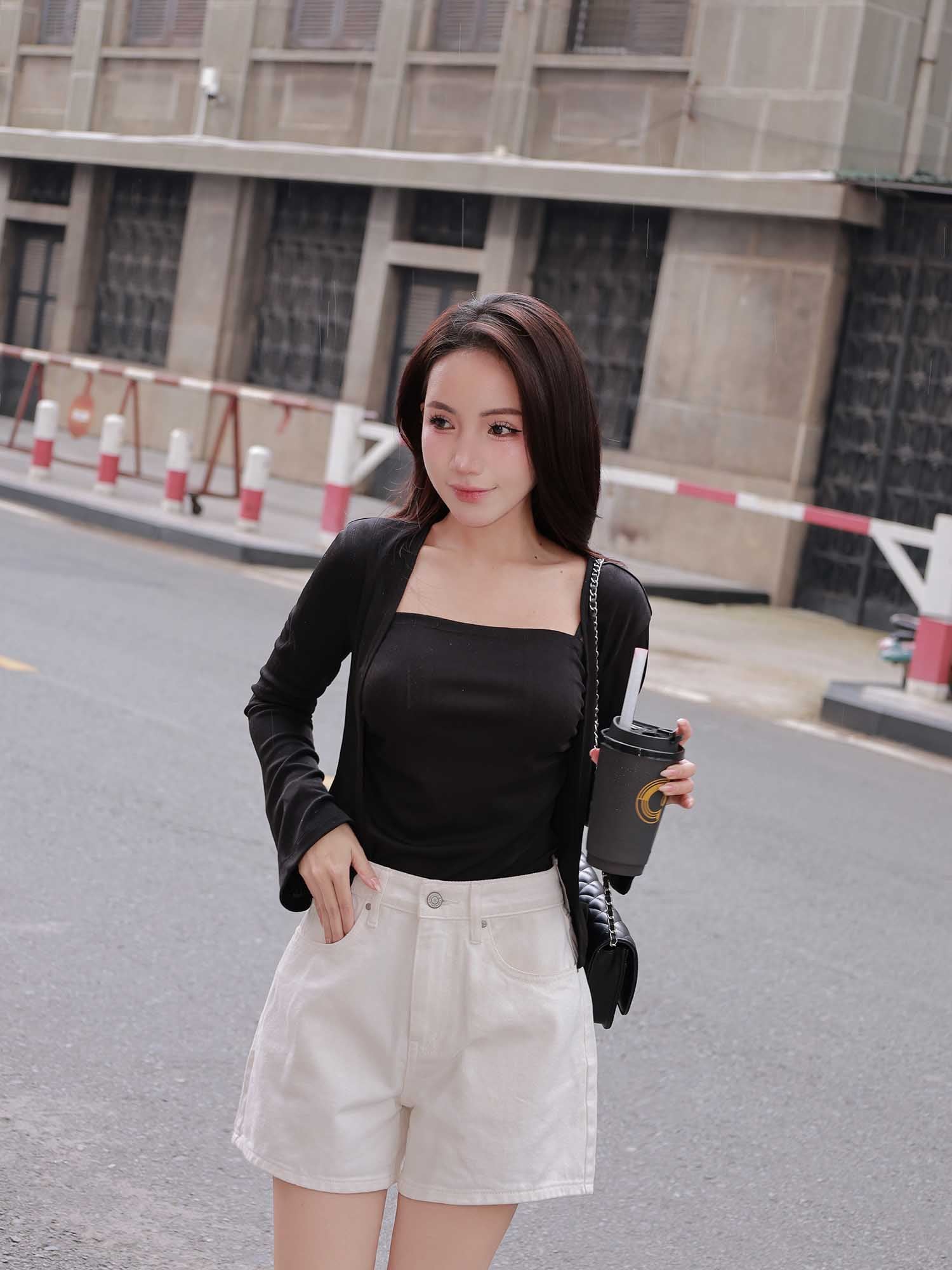 Set áo hai dây nhún ngực phối cardigan