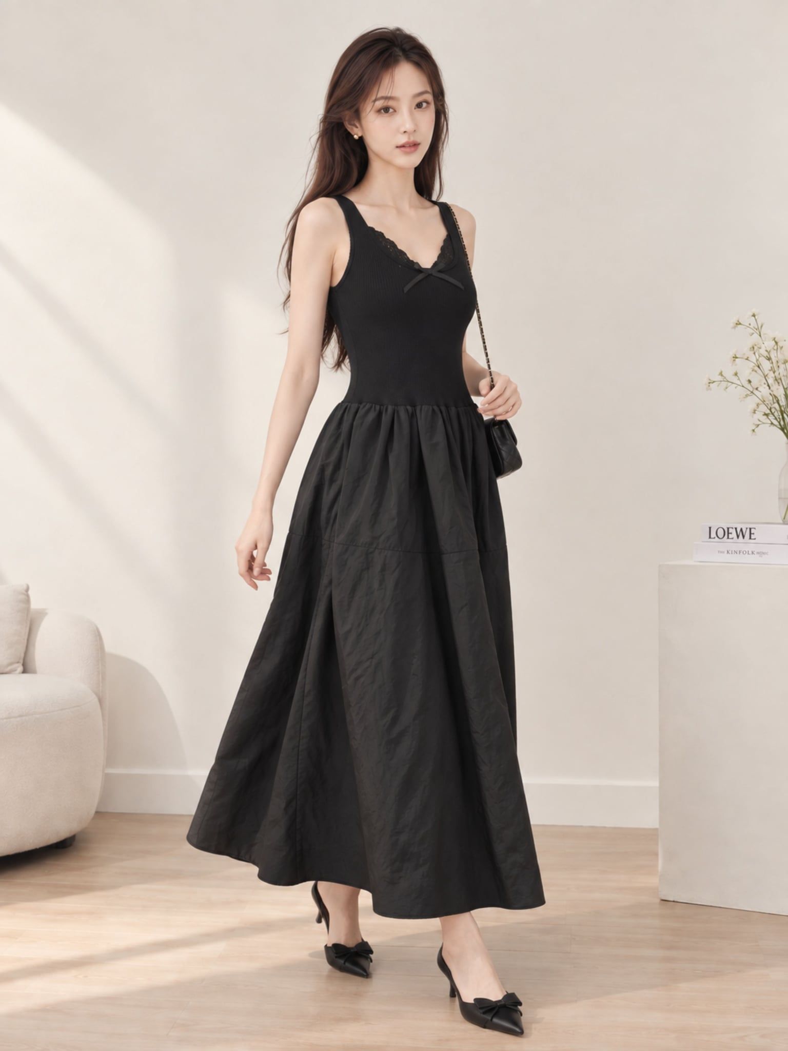  Đầm midi không tay thun gân phối vải nylon 
