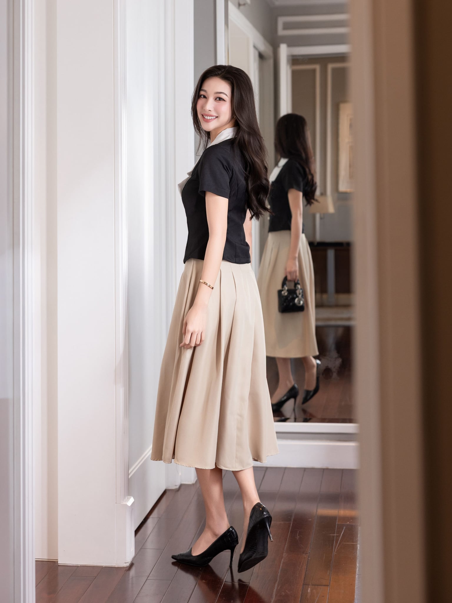 Áo kiểu peplum phối cổ nơ lụa