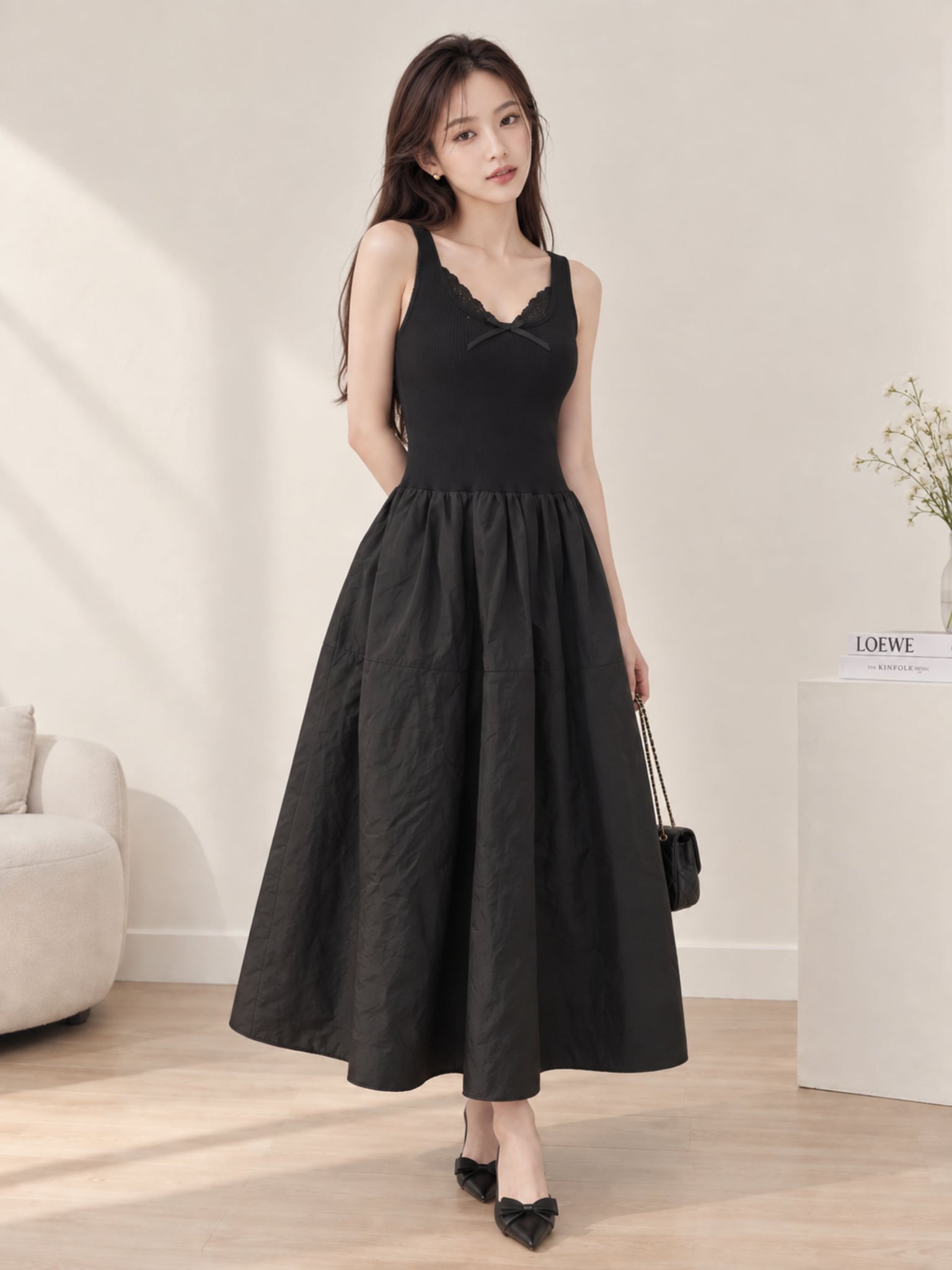 Đầm midi không tay thun gân phối vải nylon