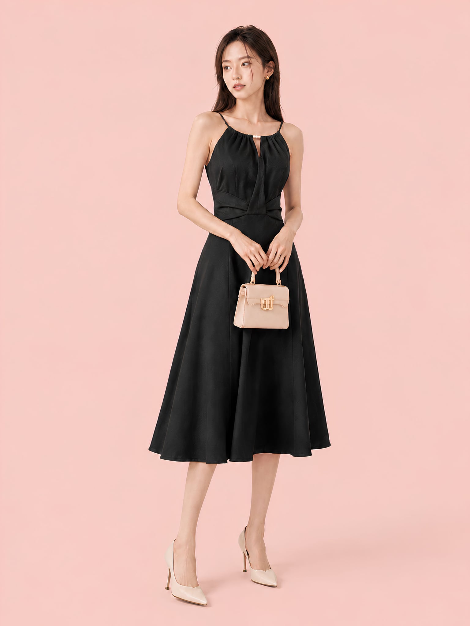 Đầm midi cổ yếm xếp ly eo