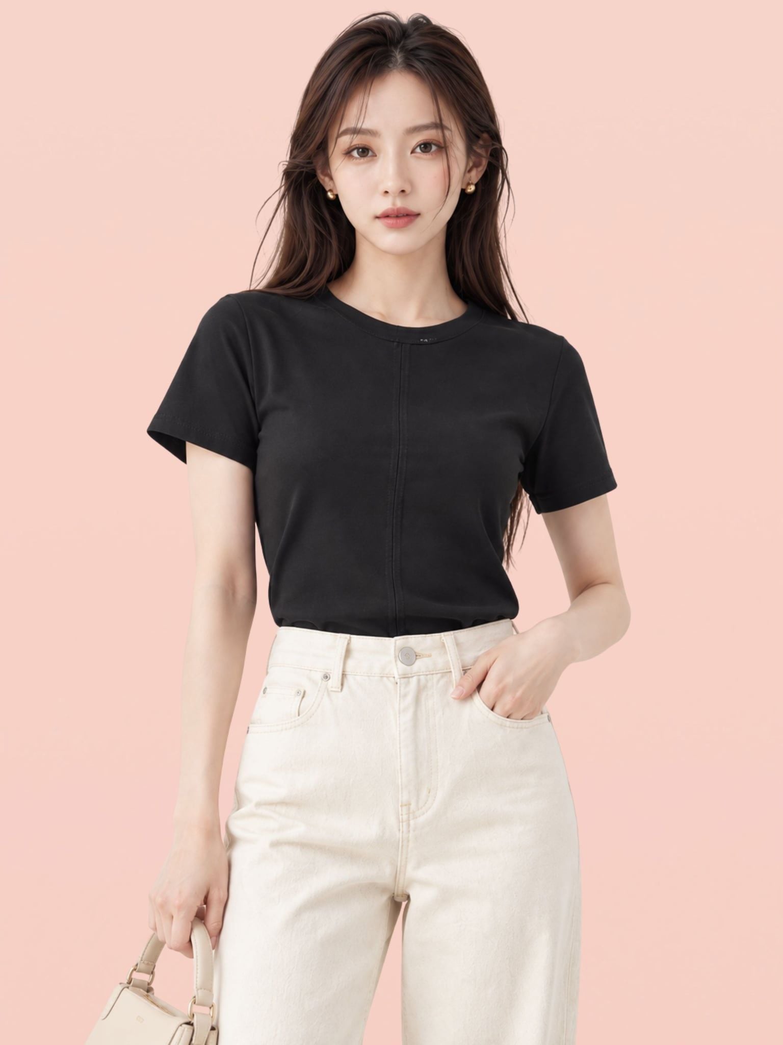  Áo thun cotton cổ tròn cài nút chân cổ sau 