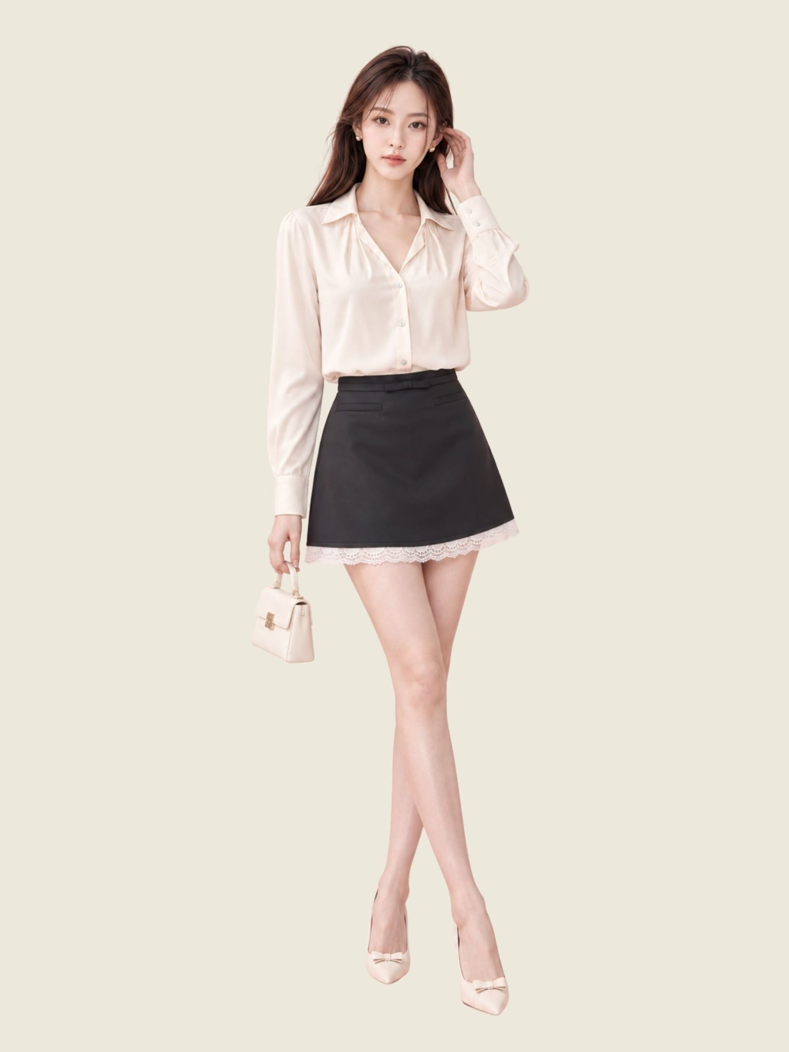  Chân váy A mini lai phối ren 