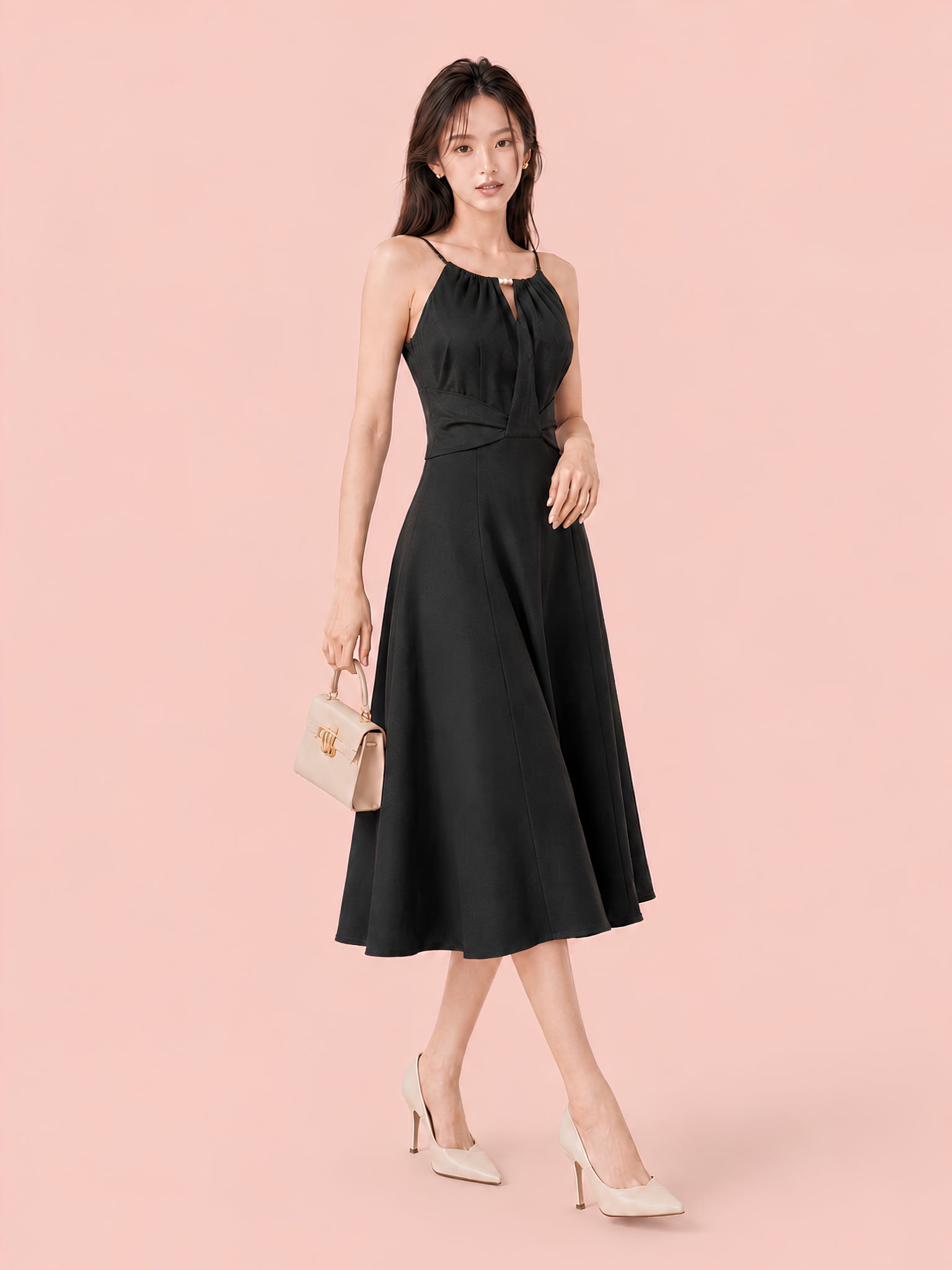 Đầm midi cổ yếm xếp ly eo