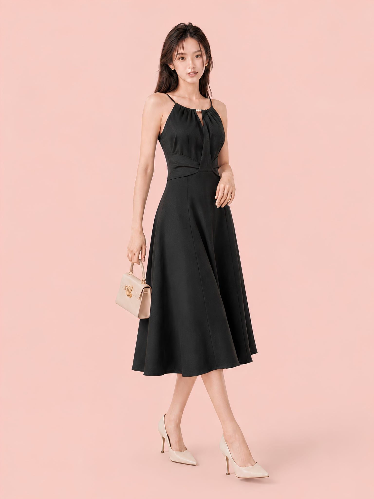 Đầm midi cổ yếm xếp ly eo 