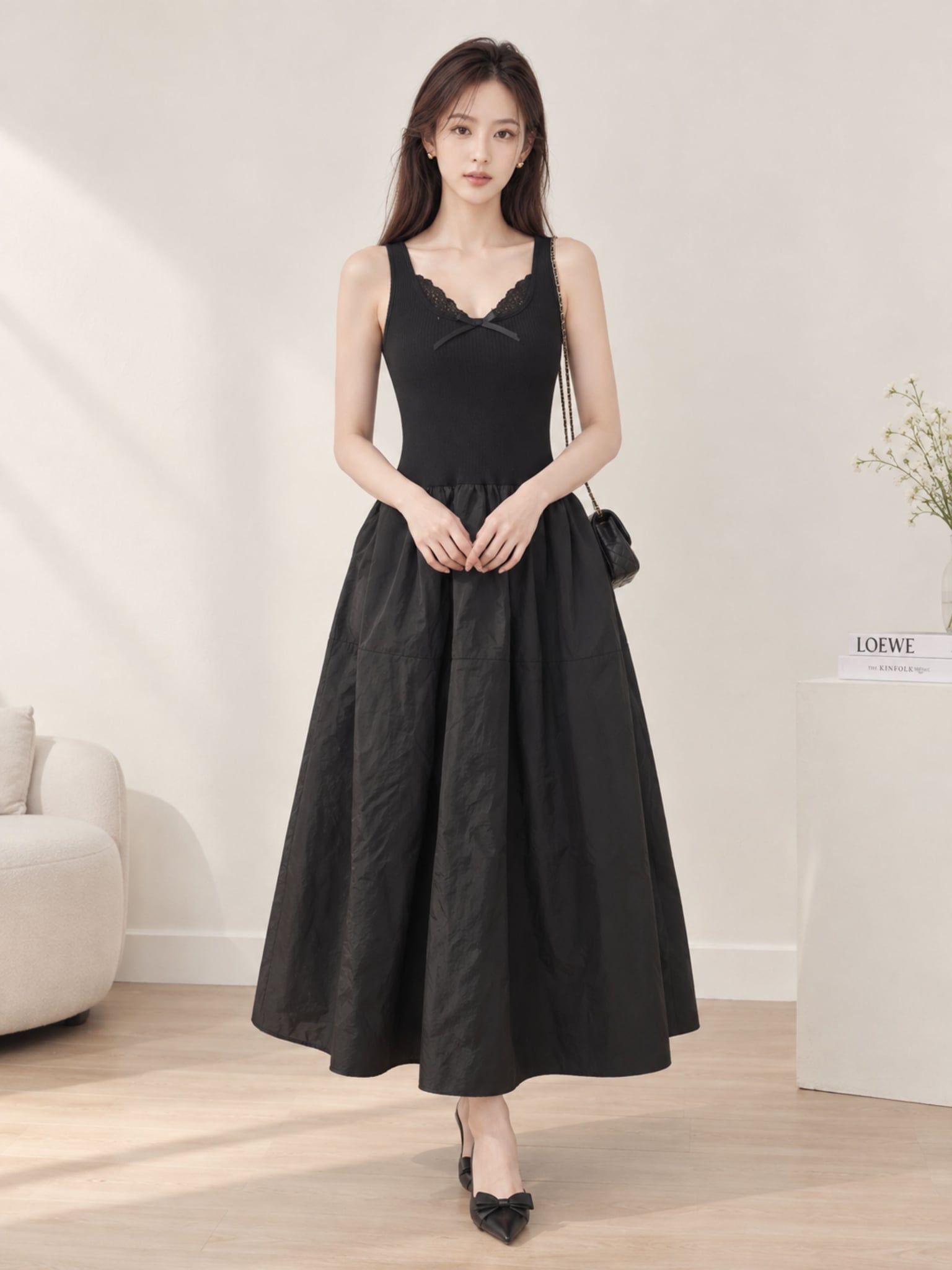 Đầm midi không tay thun gân phối vải nylon