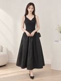  Đầm midi không tay thun gân phối vải nylon 