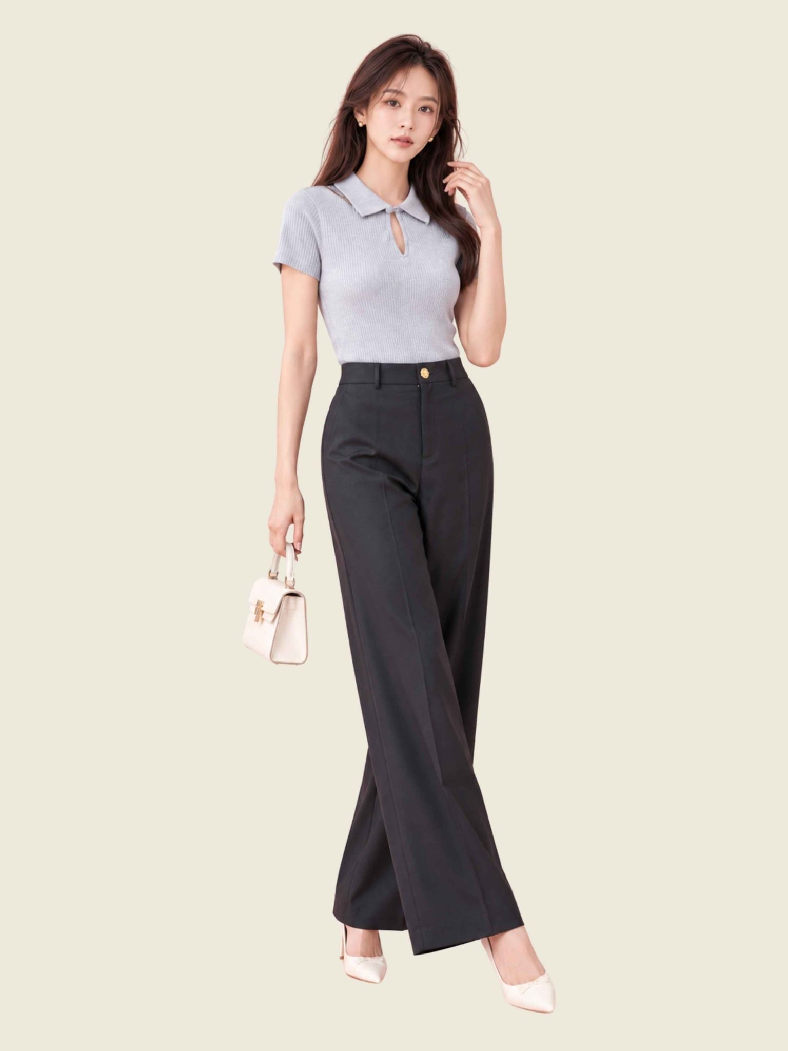  Quần ống suông có lưng kèm diễu ly thân trước 