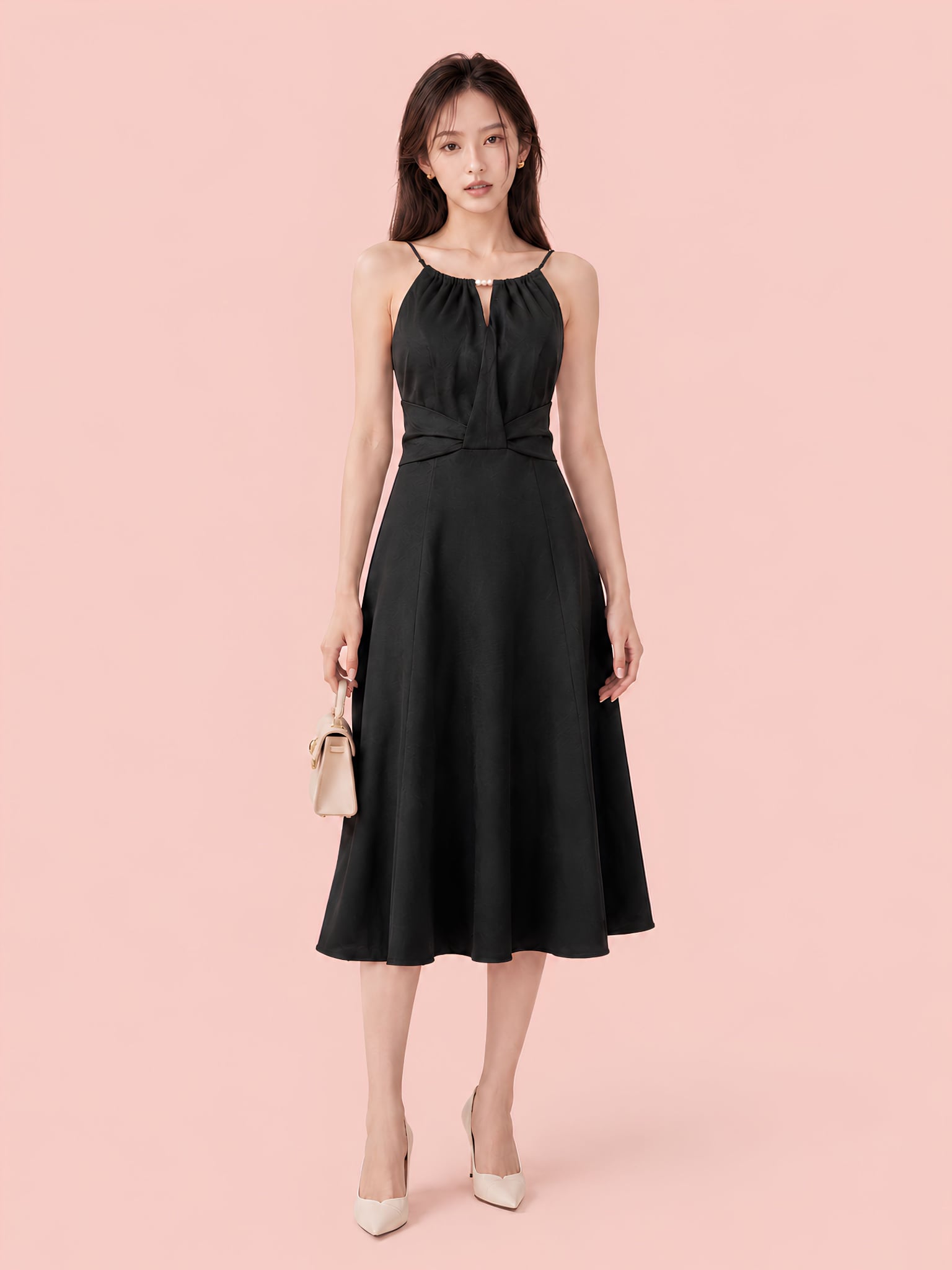 Đầm midi cổ yếm xếp ly eo