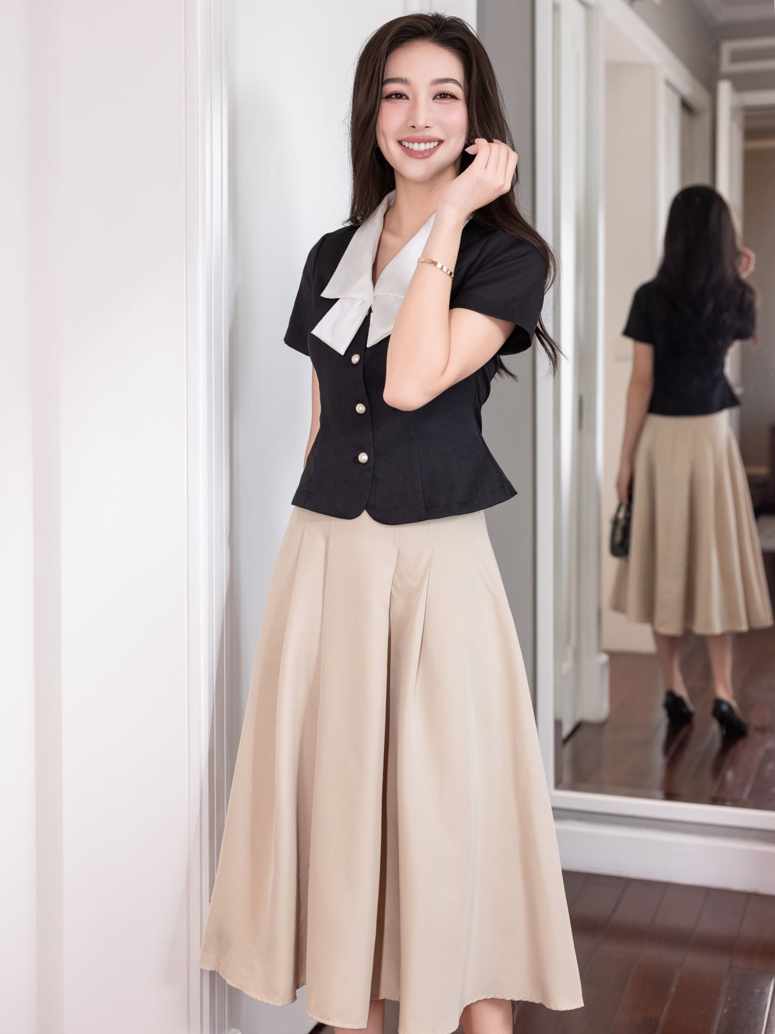 Áo kiểu peplum phối cổ nơ lụa