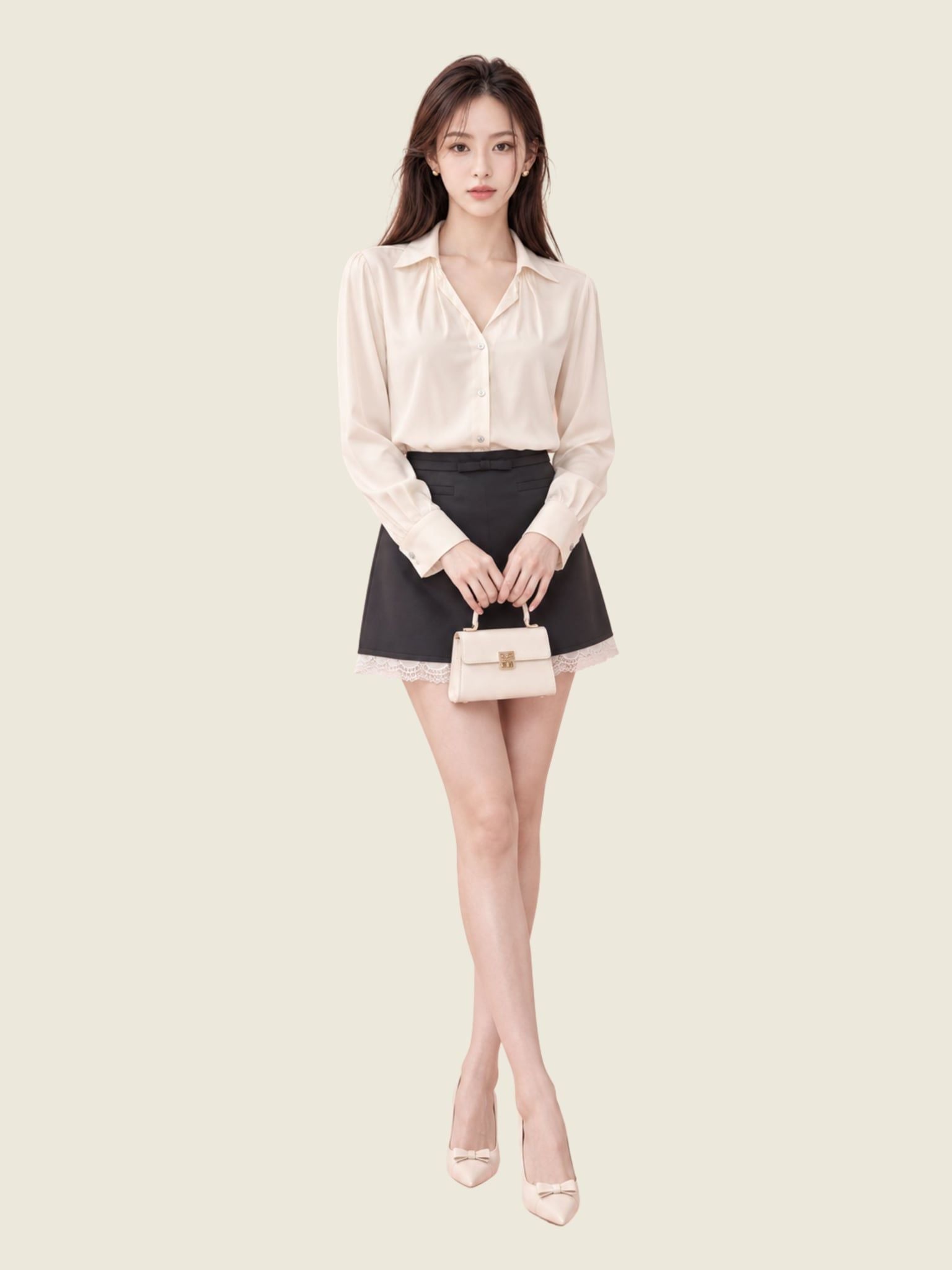  Chân váy A mini lai phối ren 